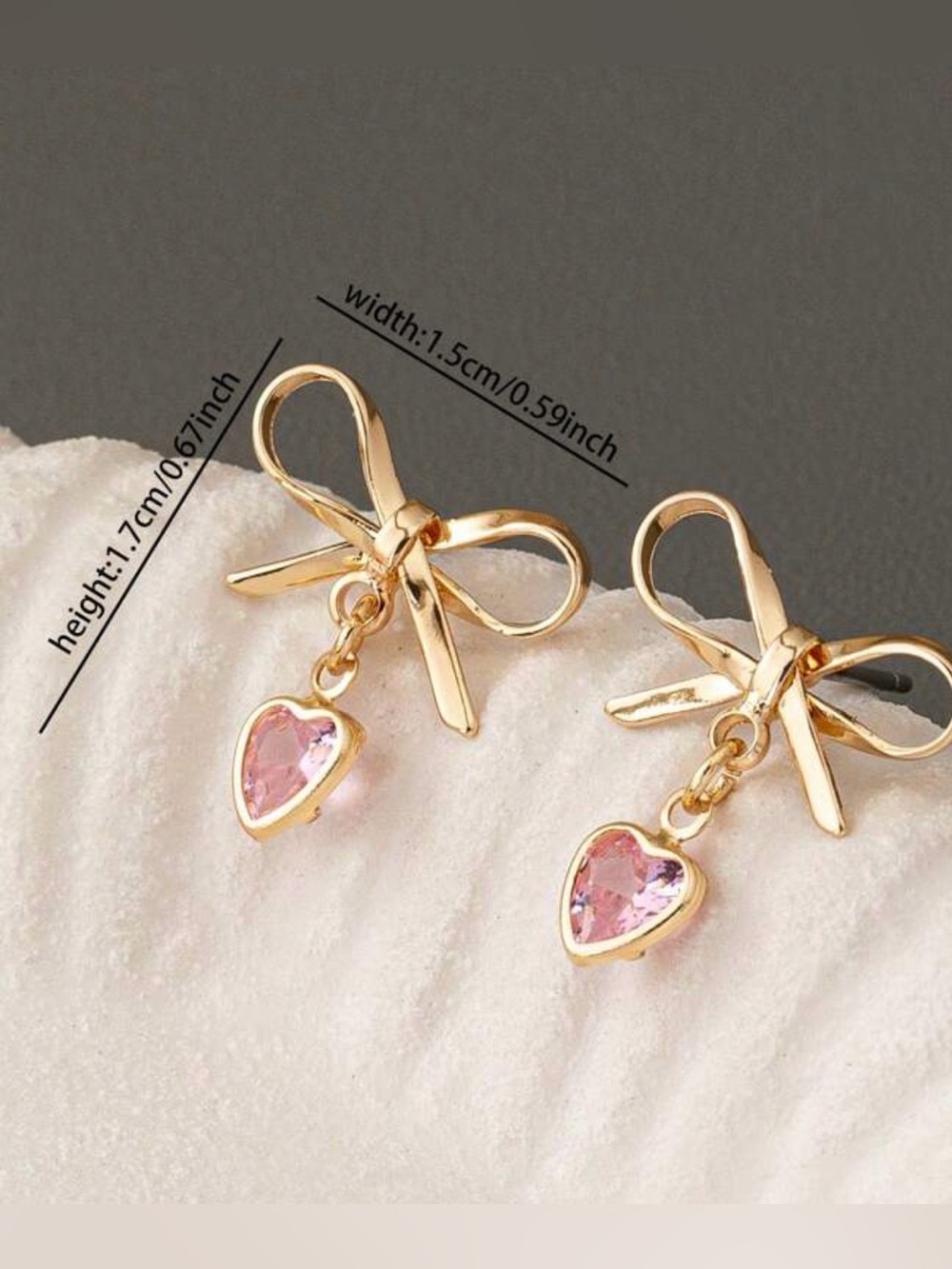 Gold Bow Earrings with Pink Heart Charm - Picture 3 of 3